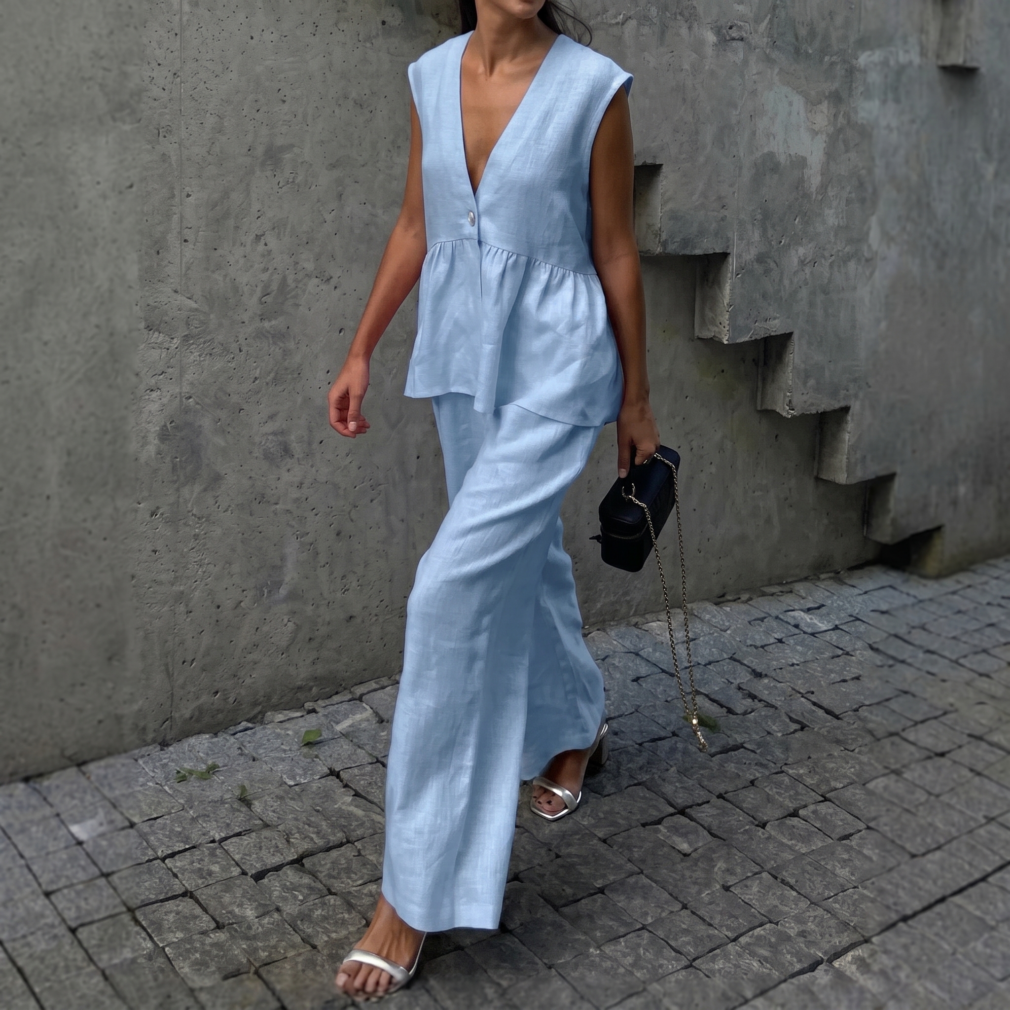 Loose Fit Sleeveless Top With Wide Pants Two Piece Outfit Set For Women