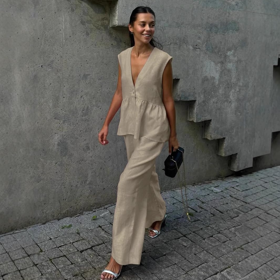 Loose Fit Sleeveless Top With Wide Pants Two Piece Outfit Set For Women