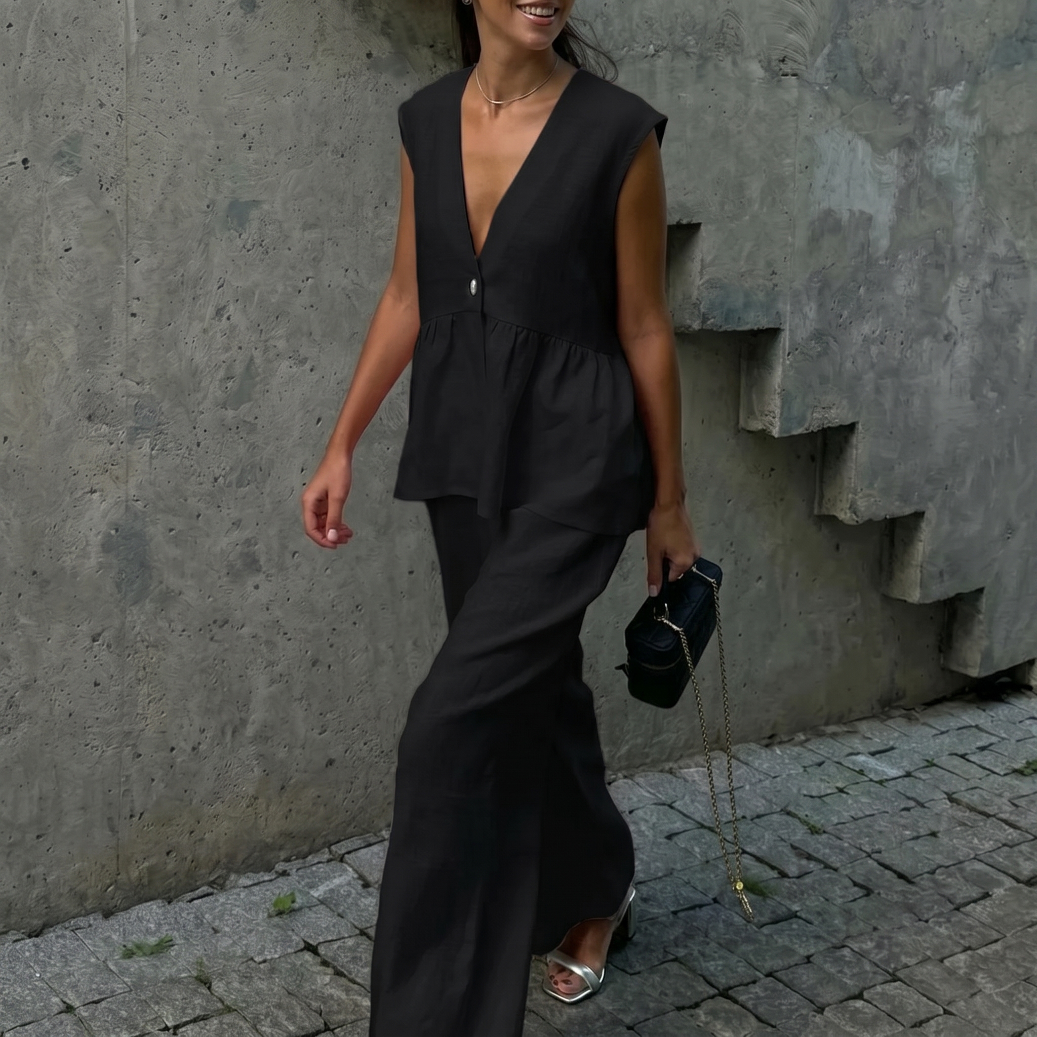 Loose Fit Sleeveless Top With Wide Pants Two Piece Outfit Set For Women