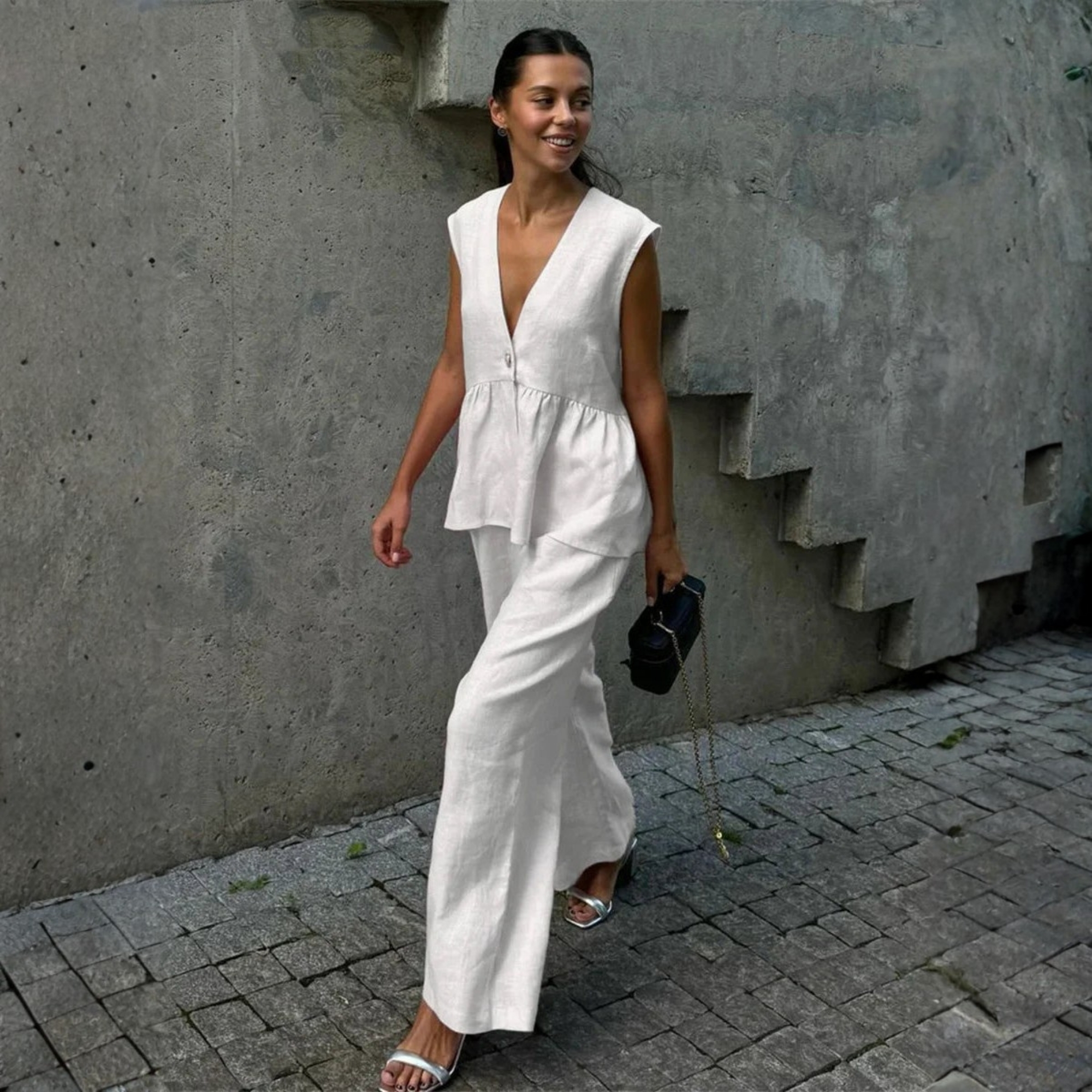 Loose Fit Sleeveless Top With Wide Pants Two Piece Outfit Set For Women