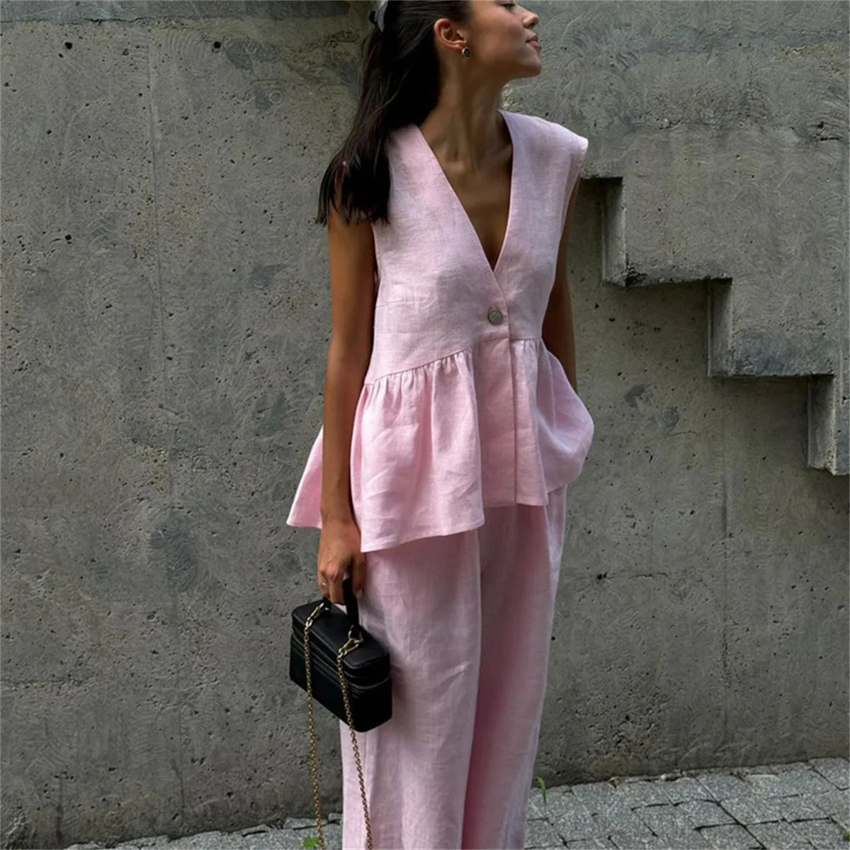 Loose Fit Sleeveless Top With Wide Pants Two Piece Outfit Set For Women