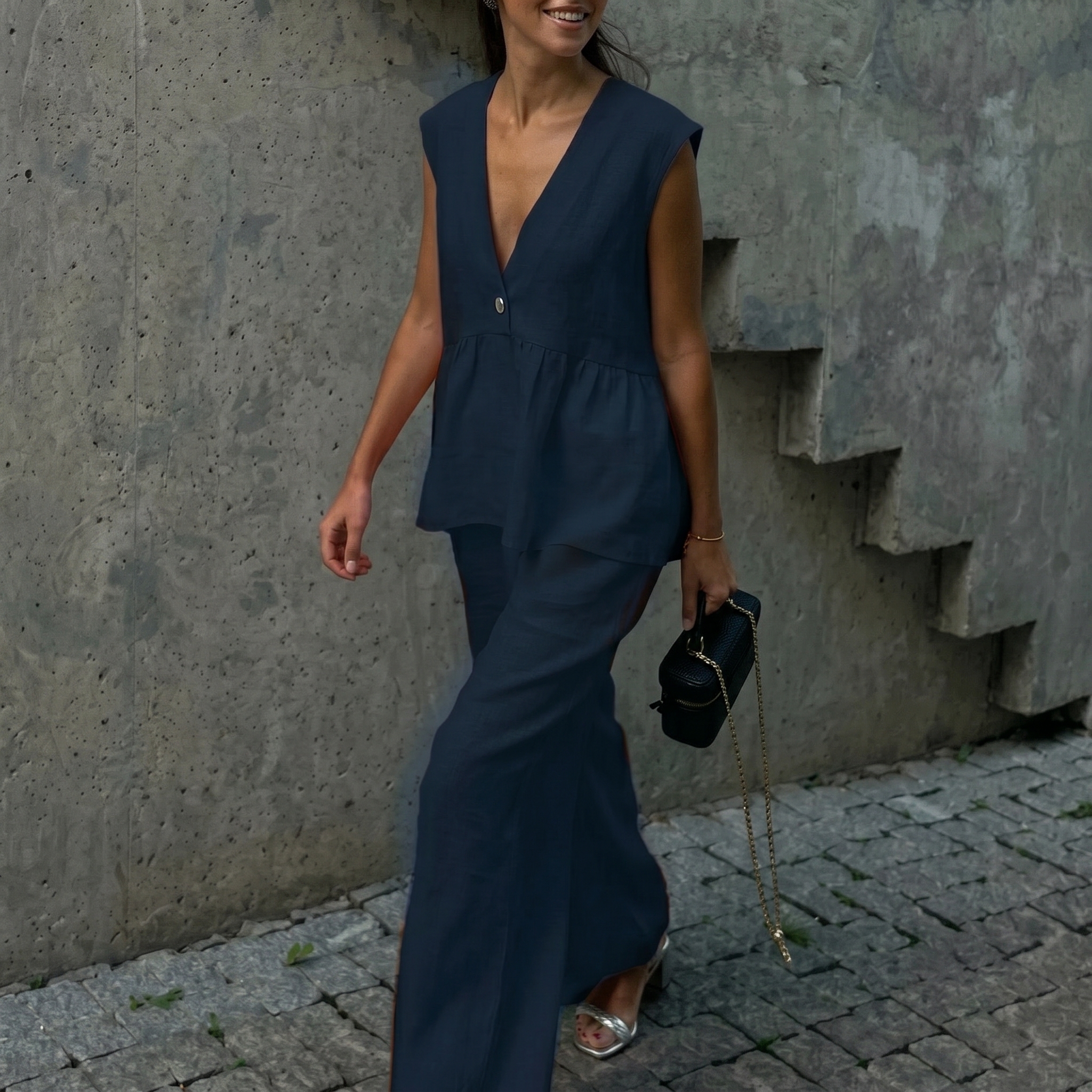 Loose Fit Sleeveless Top With Wide Pants Two Piece Outfit Set For Women