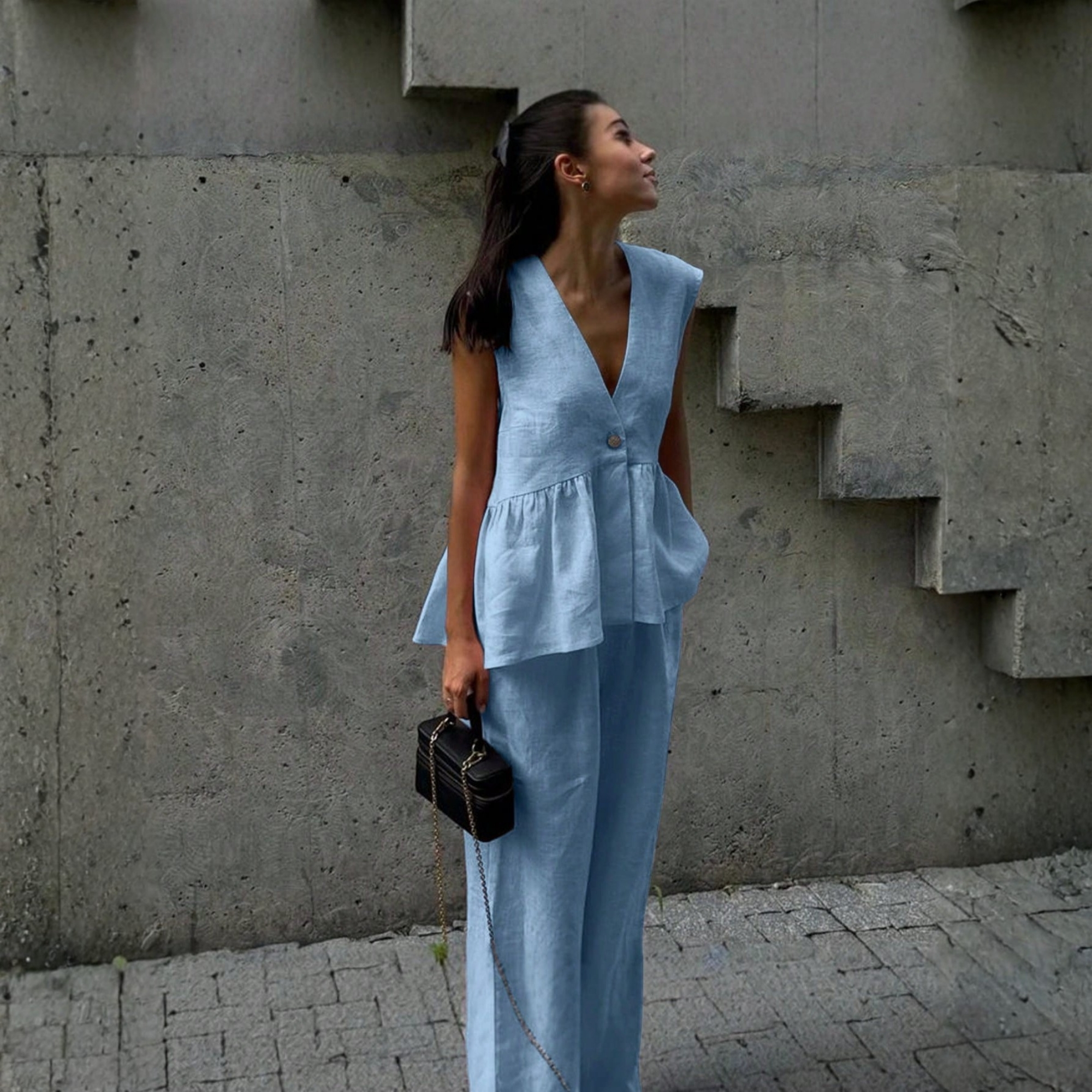 Loose Fit Sleeveless Top With Wide Pants Two Piece Outfit Set For Women