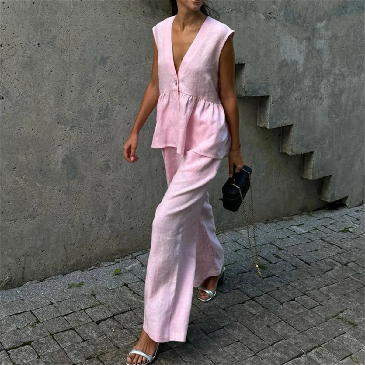 Loose Fit Sleeveless Top With Wide Pants Two Piece Outfit Set For Women