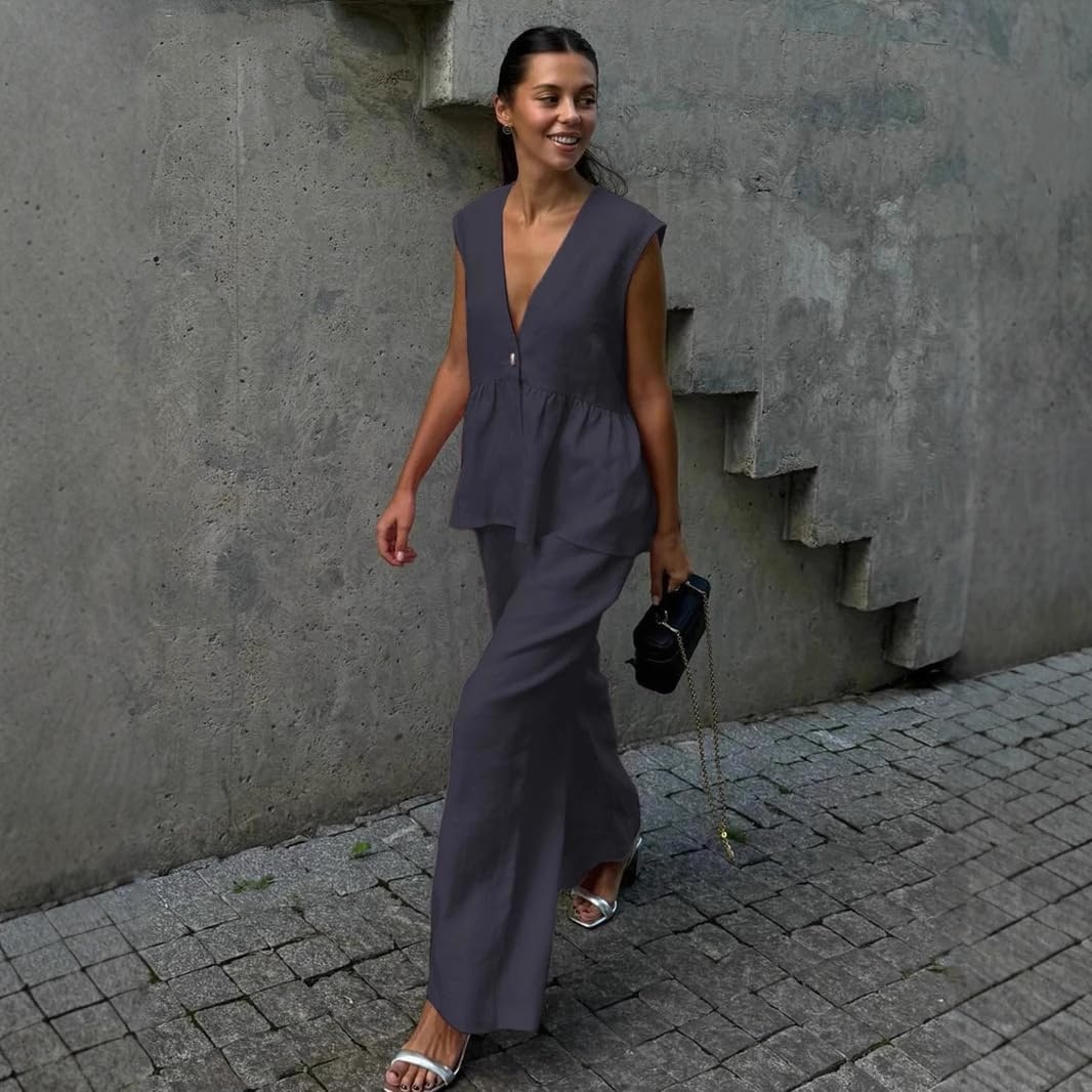 Loose Fit Sleeveless Top With Wide Pants Two Piece Outfit Set For Women