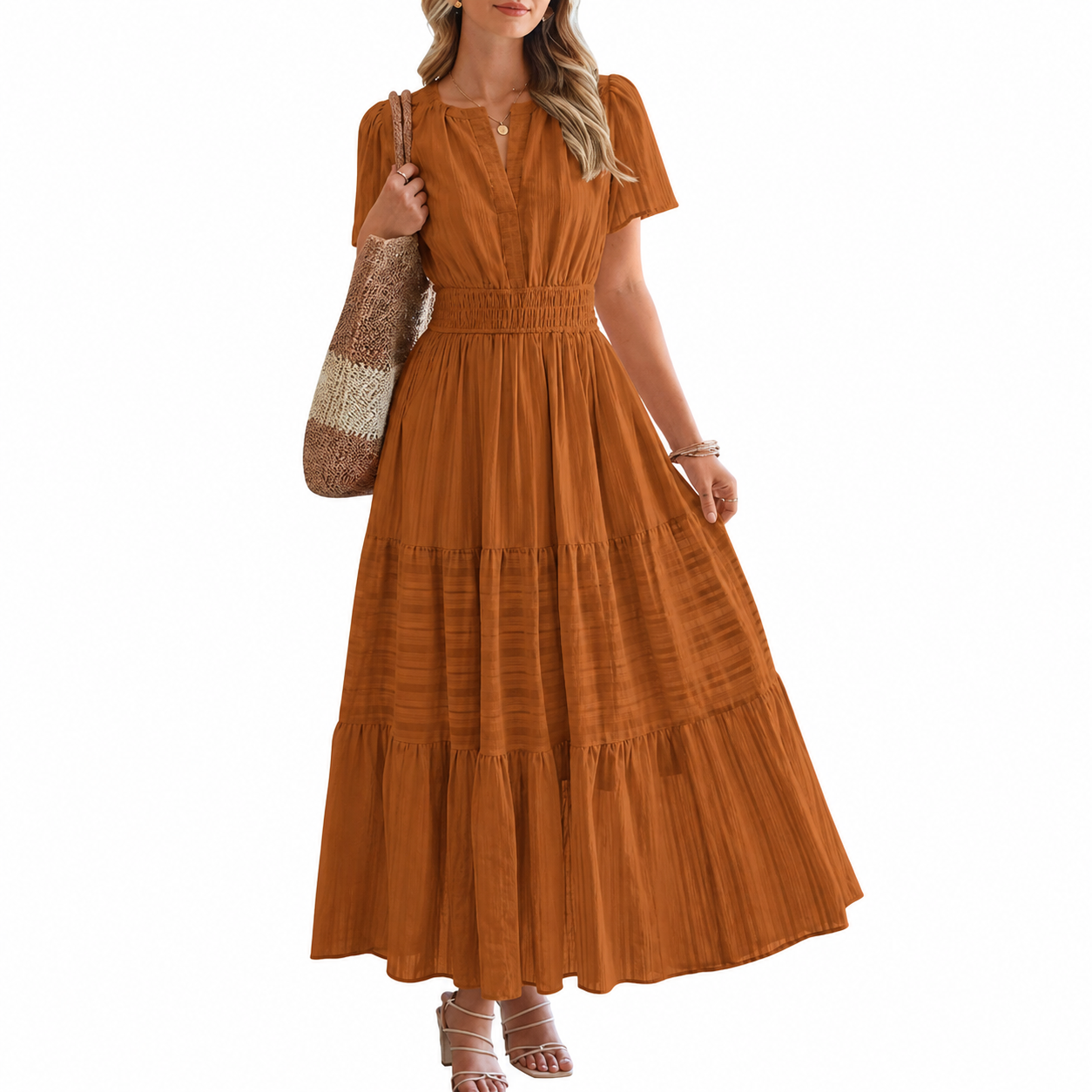 Lightweight Casual Short Sleeve Boho Midi Maxi Dress With Pockets For Women