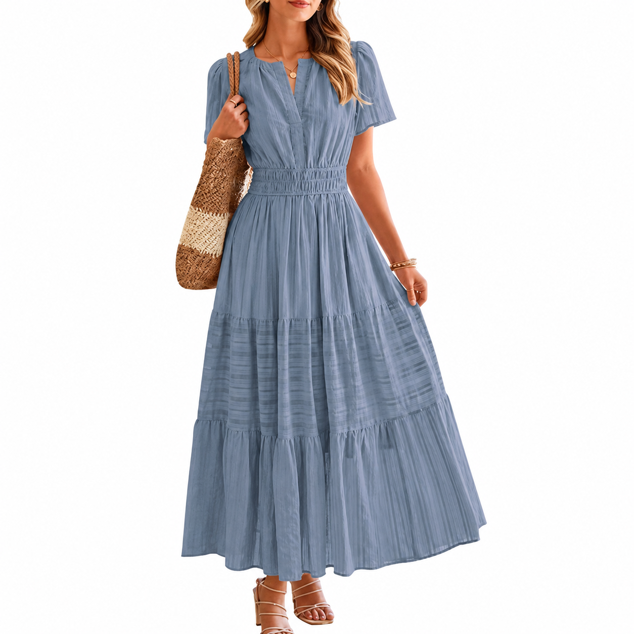 Lightweight Casual Short Sleeve Boho Midi Maxi Dress With Pockets For Women