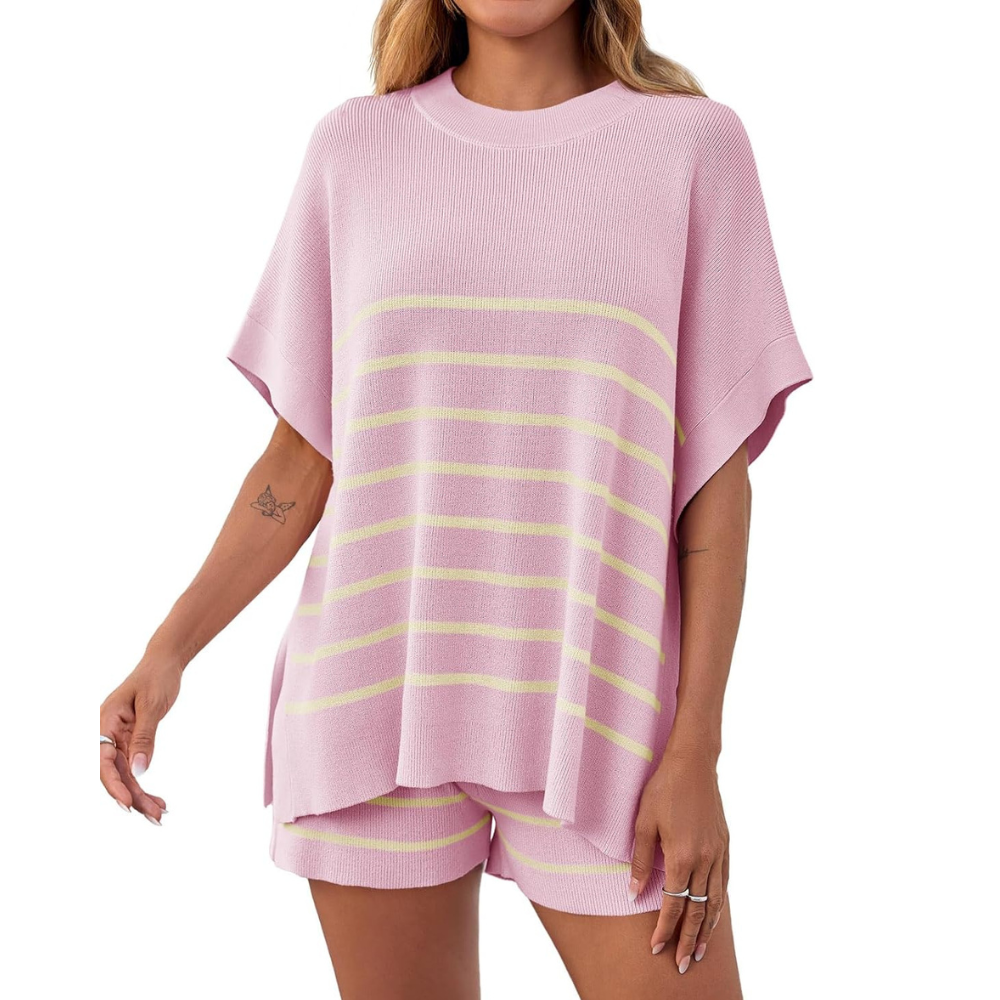 Striped Knit Top And Shorts Set For Women