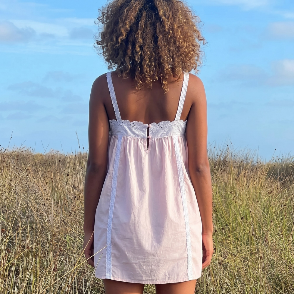 Lace Trim Mini Ruffle Flowy Dress With Spaghetti Strap For Women