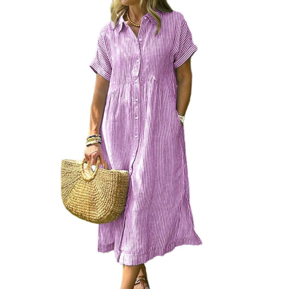 Summer Striped Button Down Midi Shirt Dress