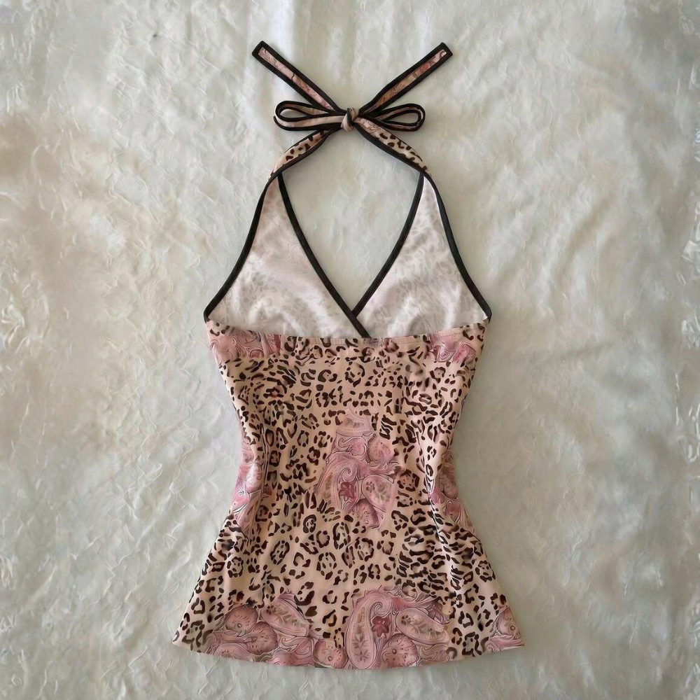 Polka Dot Digital Print Halter Neck Tie Back Tank Tops