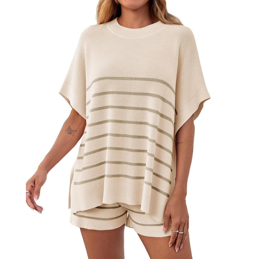 Striped Knit Top And Shorts Set For Women