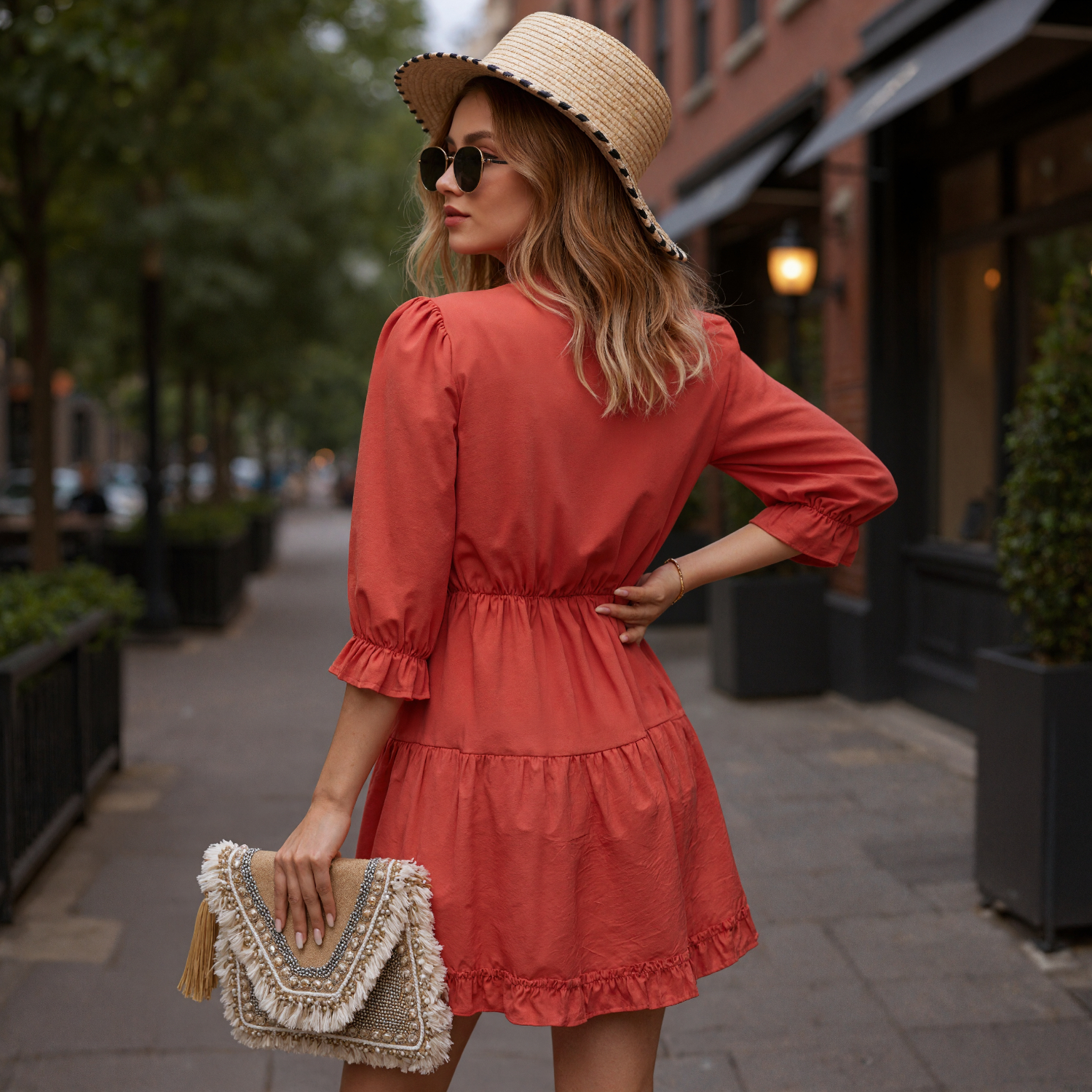 Midi Dress with Tiered Layers and Ruffle Detail