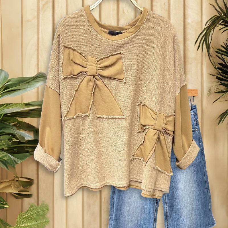 Textured Applique Patchwork Long Sleeve Top-My Comfy Blouse