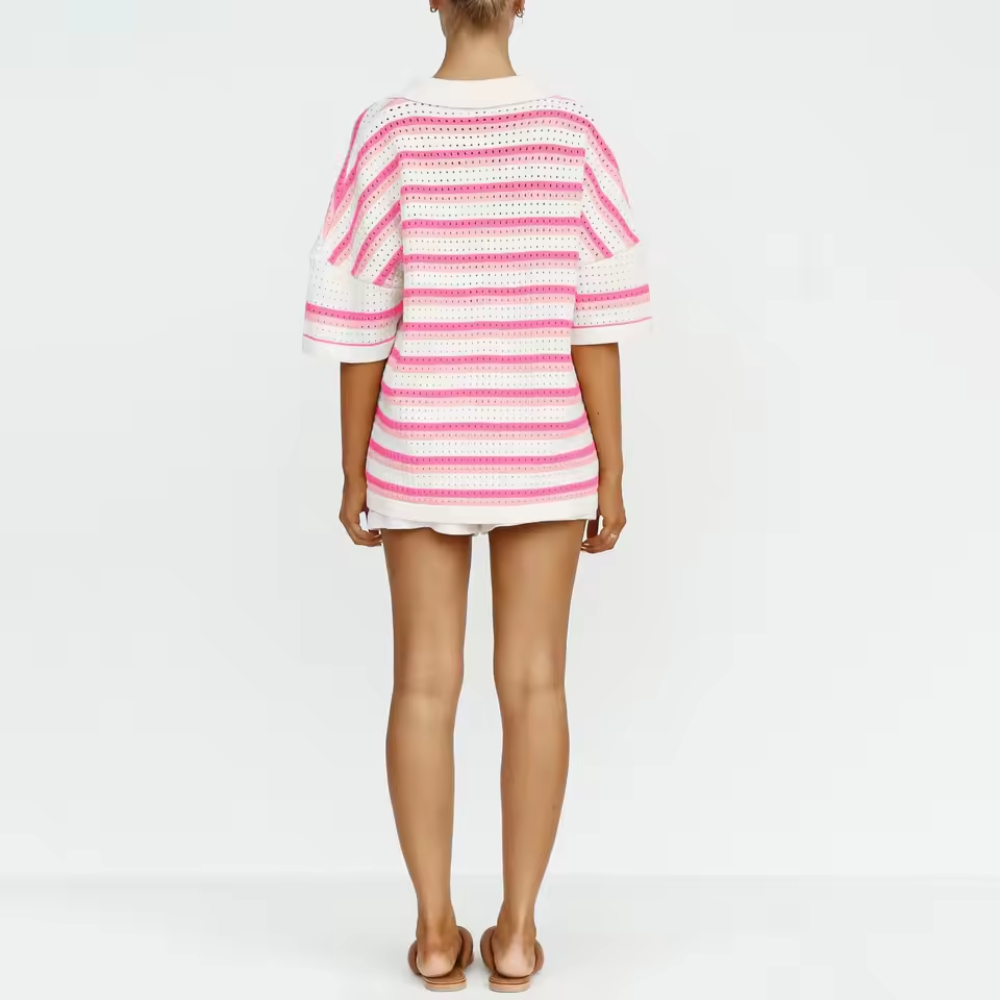 Striped Knit Crochet Top And Shorts Matching Two Piece Loungewear Set