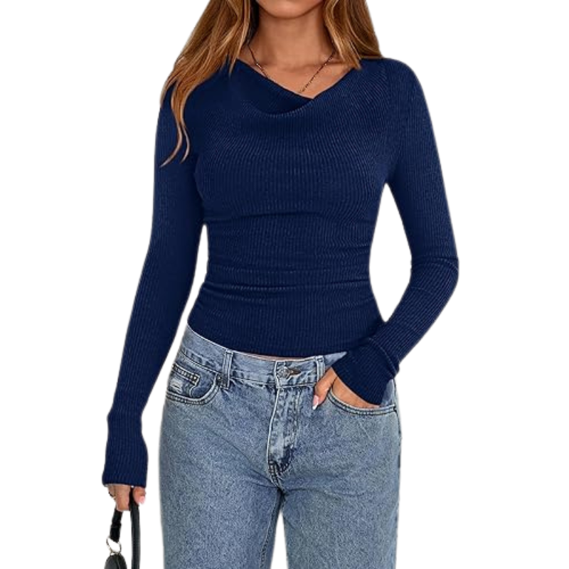 Womens Long Sleeve Cowl Neck Ribbed Knit Slim Fit Top