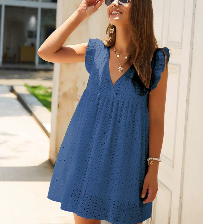 Women Summer Dress Ruffle Sleeve Casual Loose Mini Dress-My Comfy Blouse