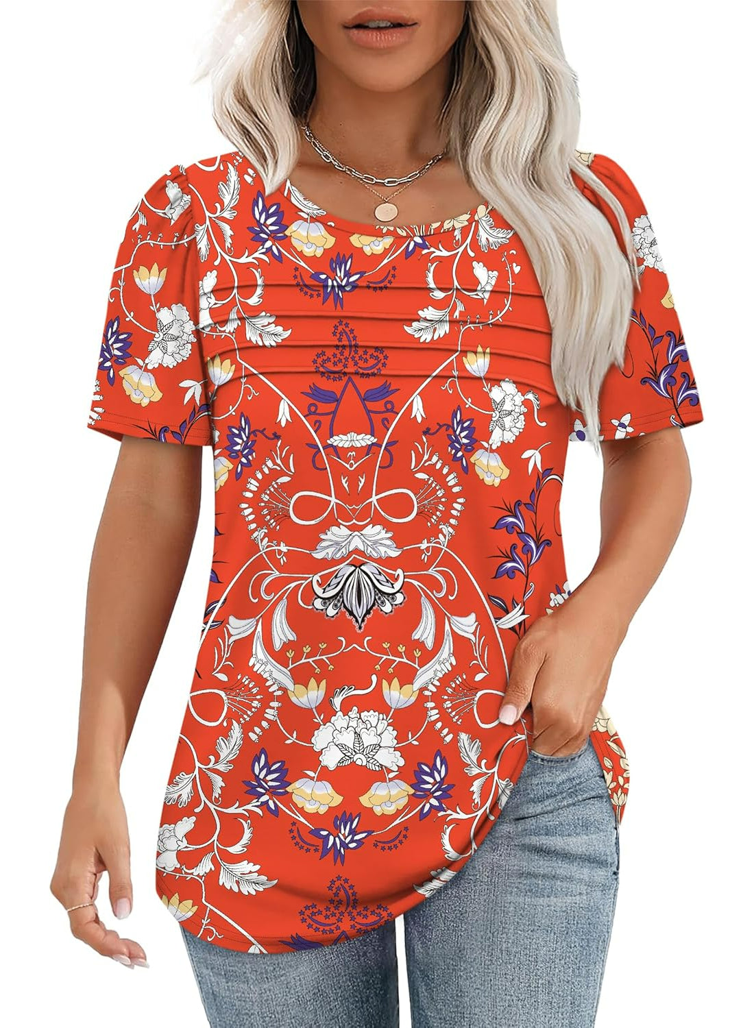 Women Printed T Shirts Short Sleeve For Scoop Pleated Top-My Comfy Blouse