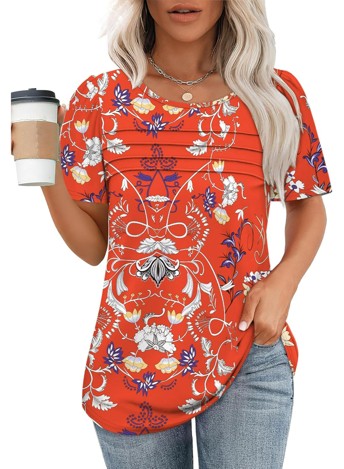 Women Printed T Shirts Short Sleeve For Scoop Pleated Top-My Comfy Blouse