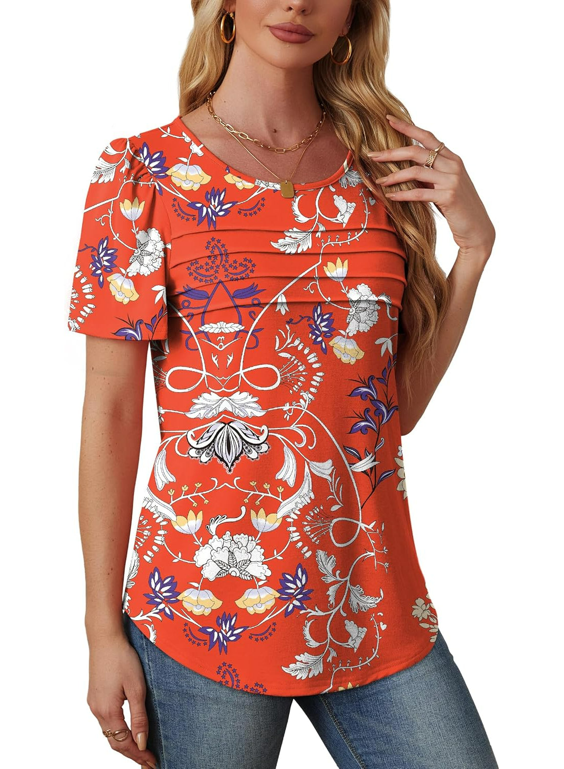 Women Printed T Shirts Short Sleeve For Scoop Pleated Top-My Comfy Blouse