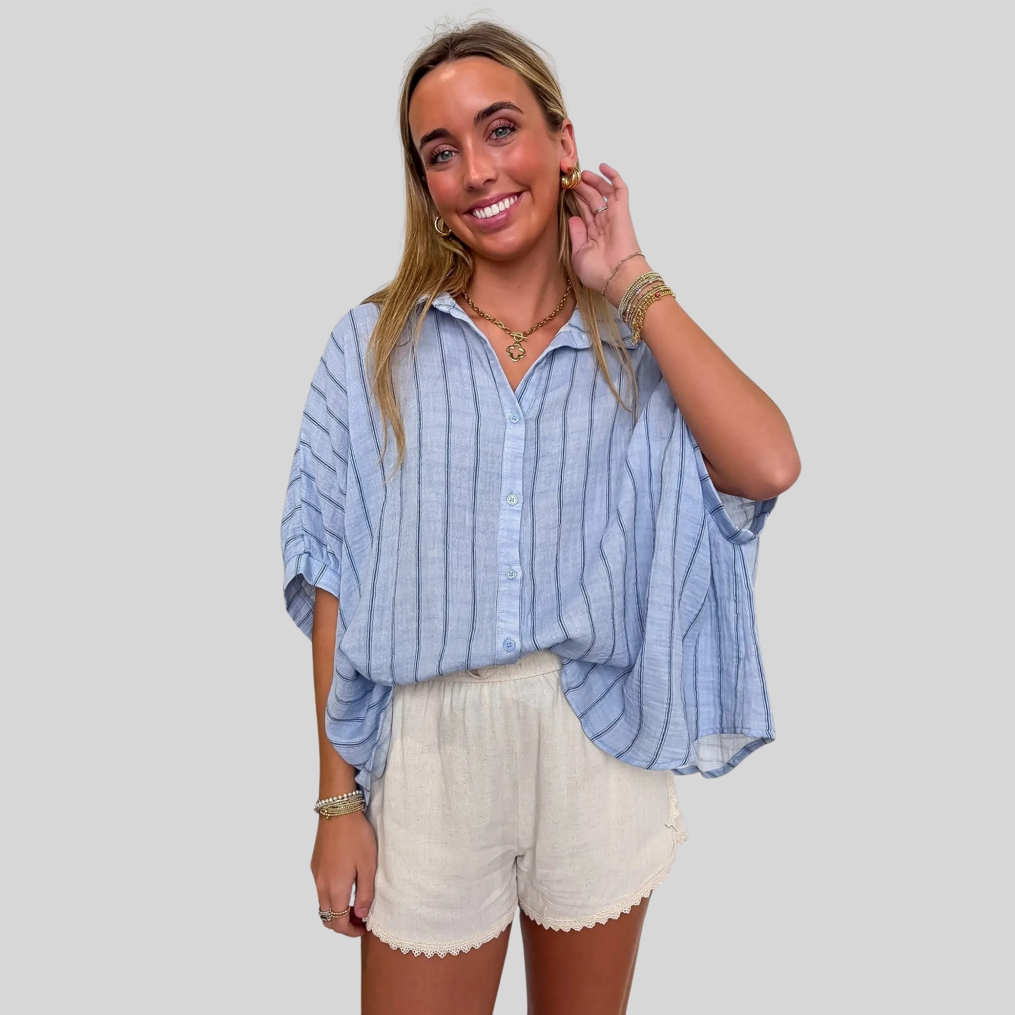 Oversized Striped Design Button Down Top For Women