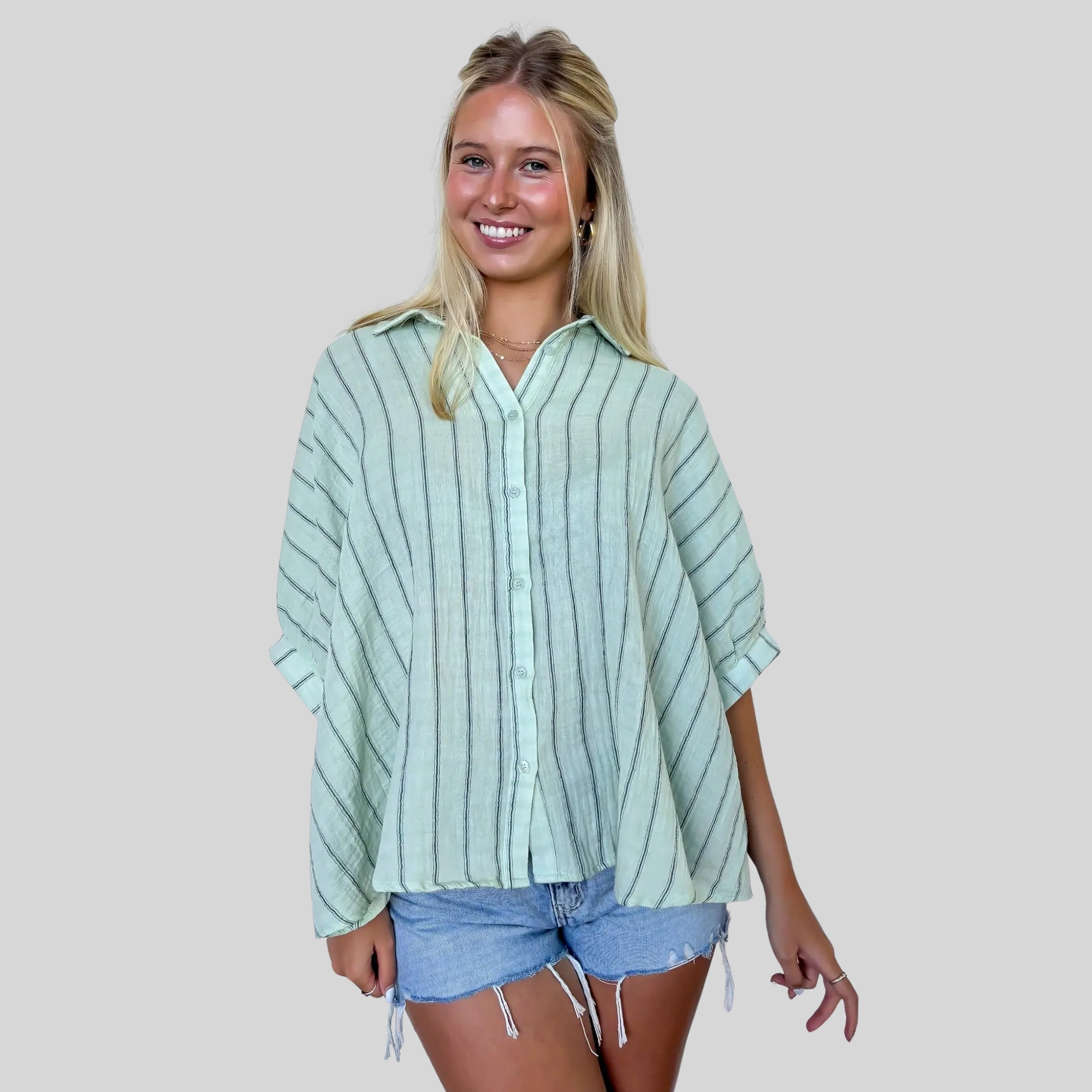 Oversized Striped Design Button Down Top For Women