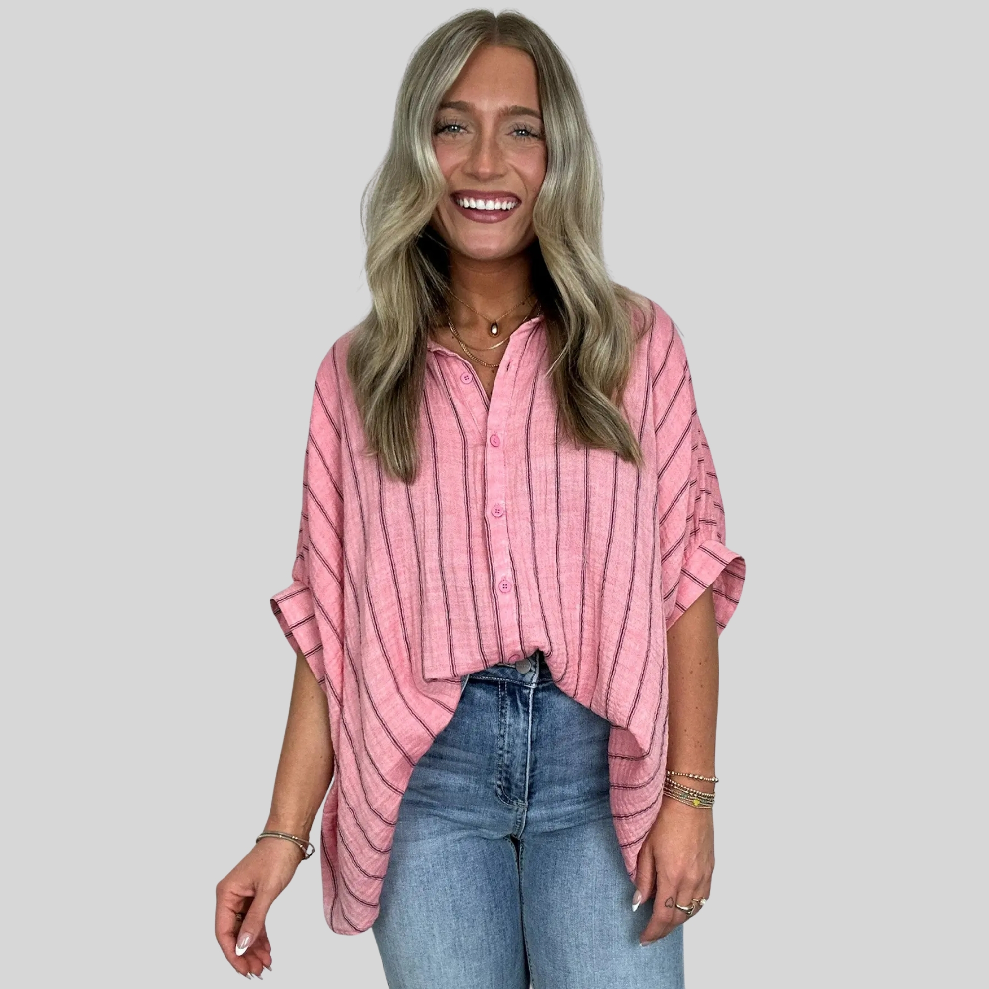 Oversized Striped Design Button Down Top For Women