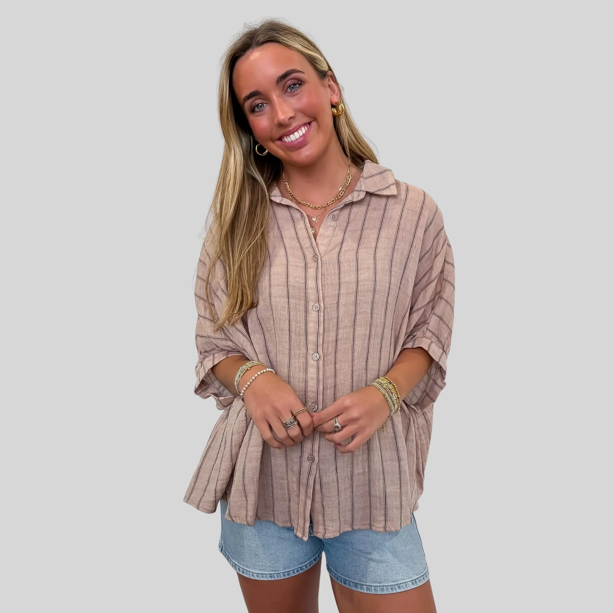 Oversized Striped Design Button Down Top For Women