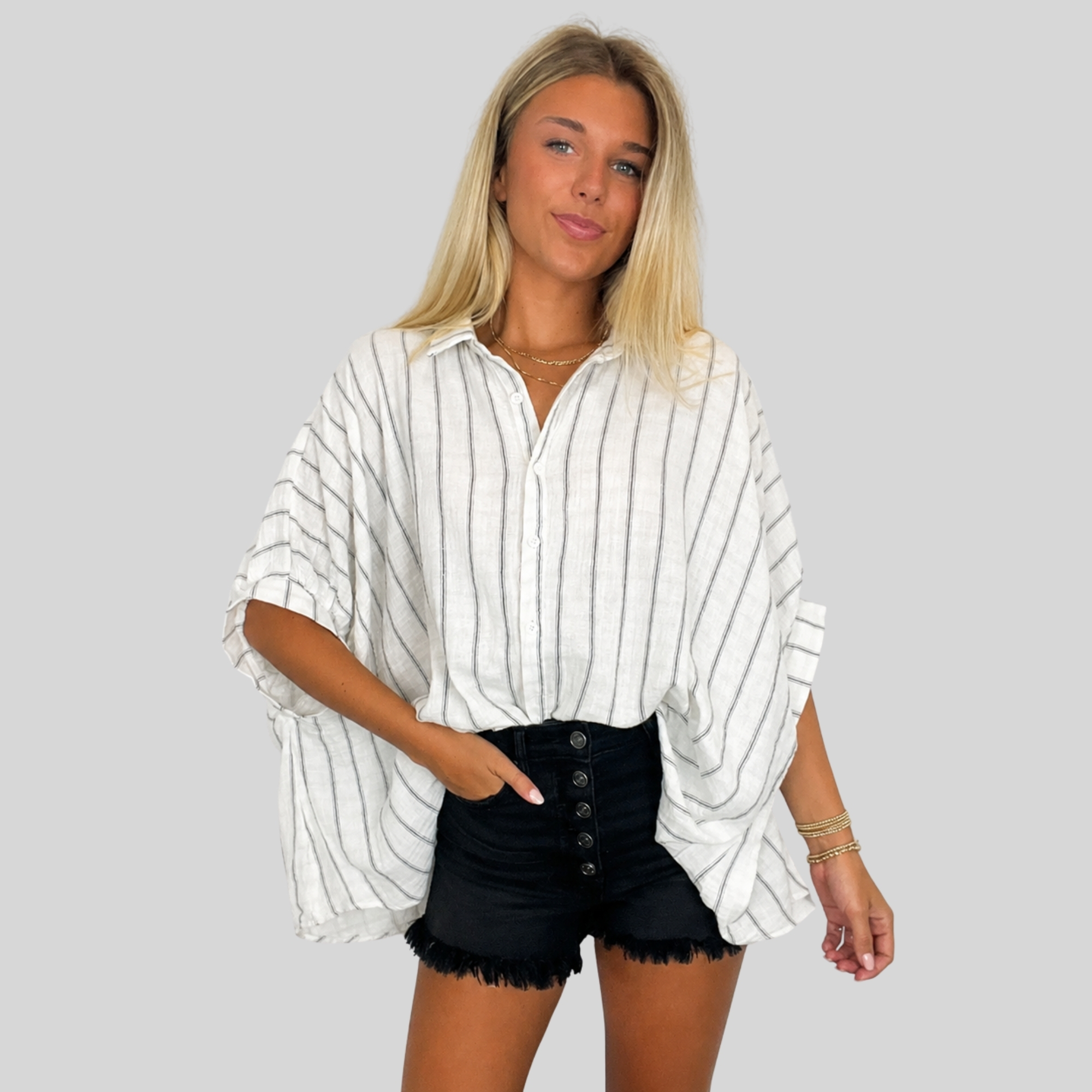 Oversized Striped Design Button Down Top For Women