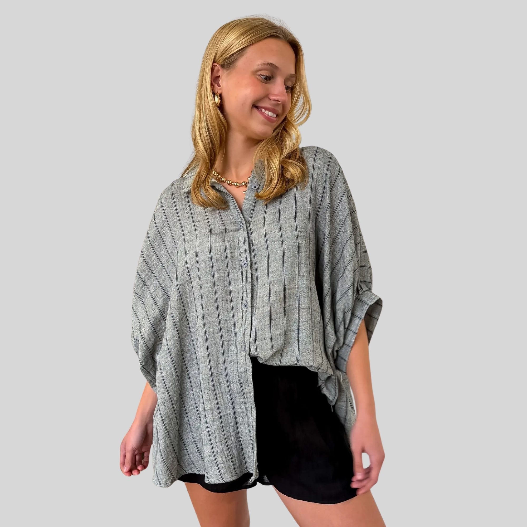 Oversized Striped Design Button Down Top For Women