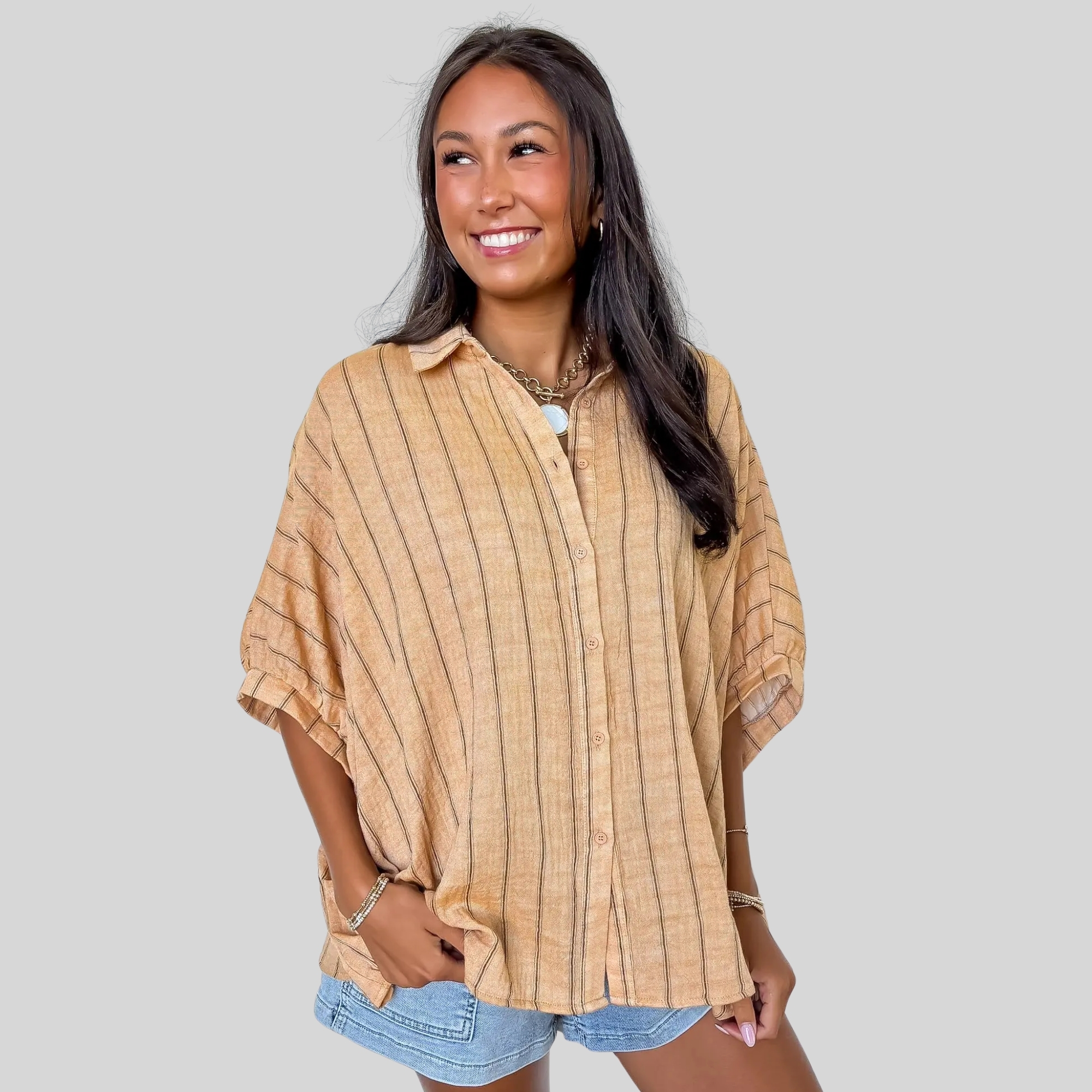 Oversized Striped Design Button Down Top For Women