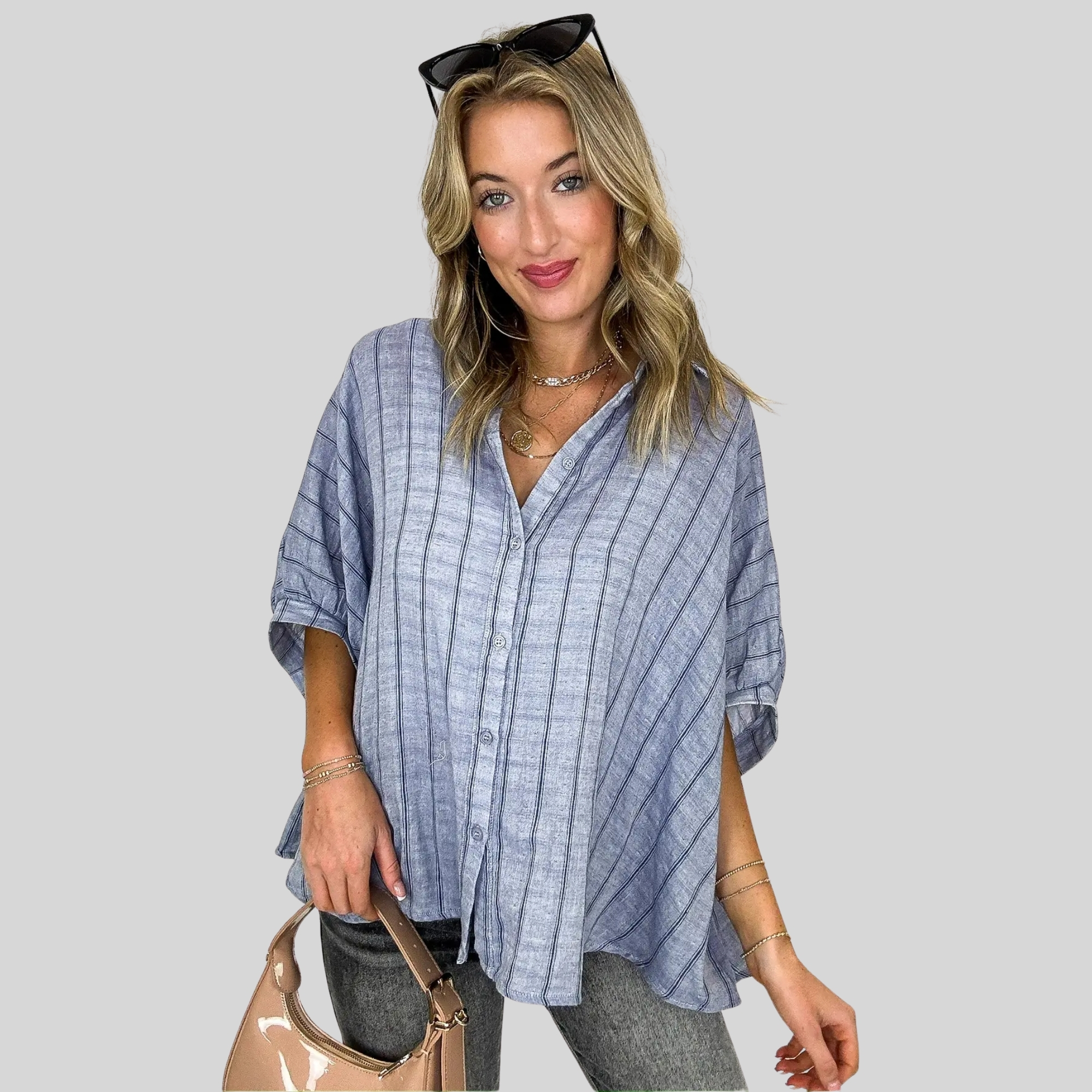 Oversized Striped Design Button Down Top For Women