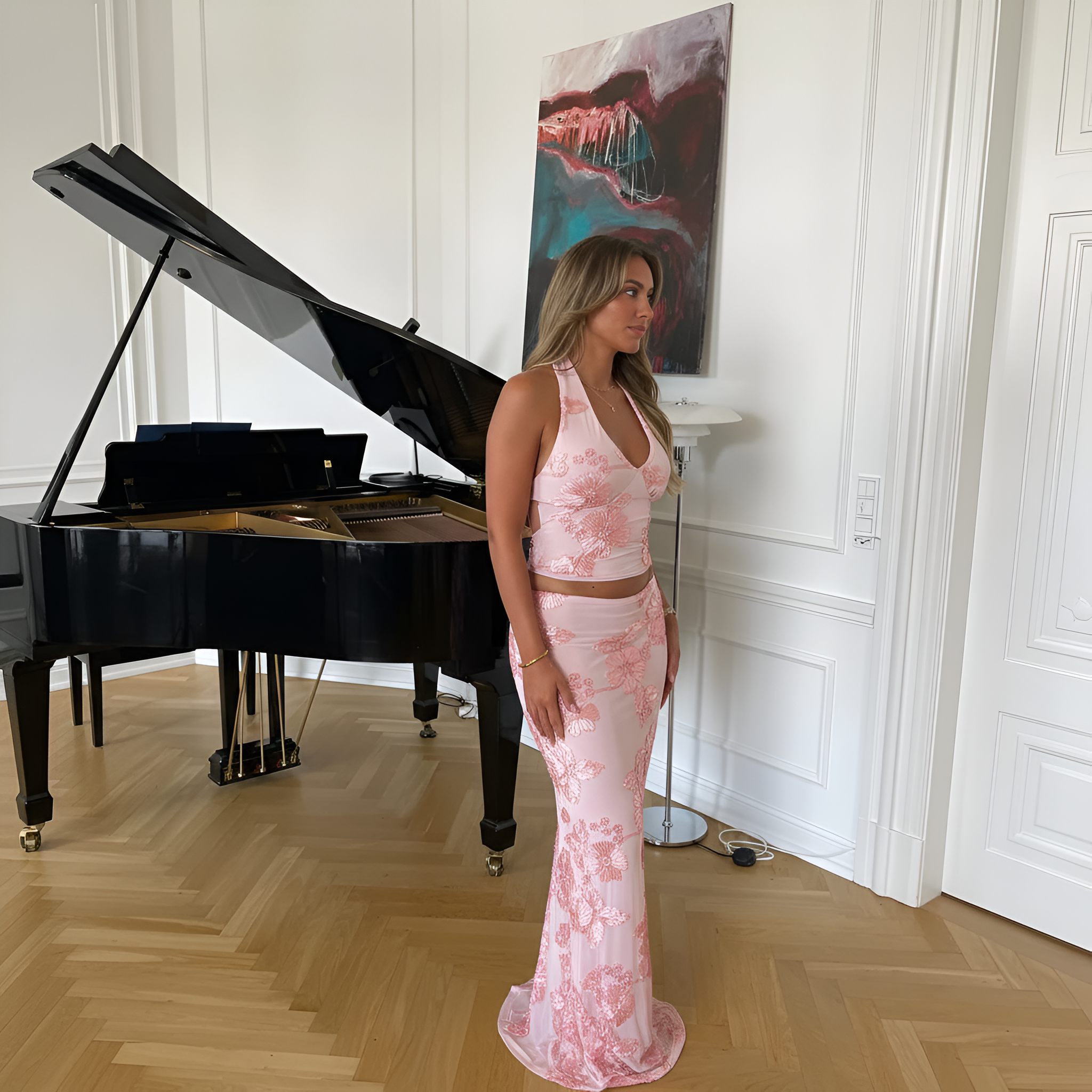 Floral Embroidered Mesh Top With Back Tie Detail