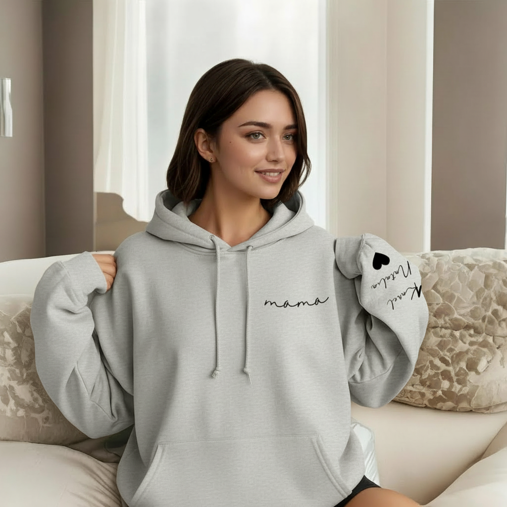 Personalized Mama Sweatshirt And Hoodie With Names On Sleeve
