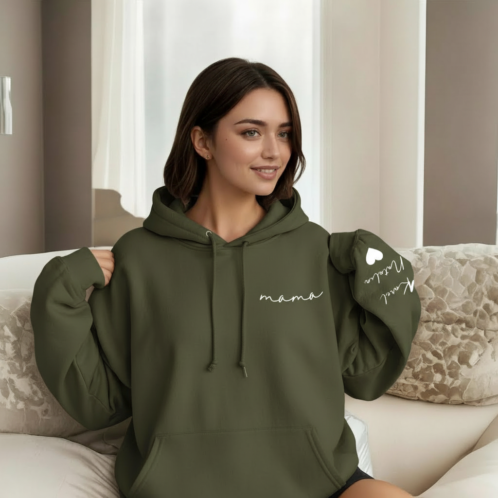 Personalized Mama Sweatshirt And Hoodie With Names On Sleeve