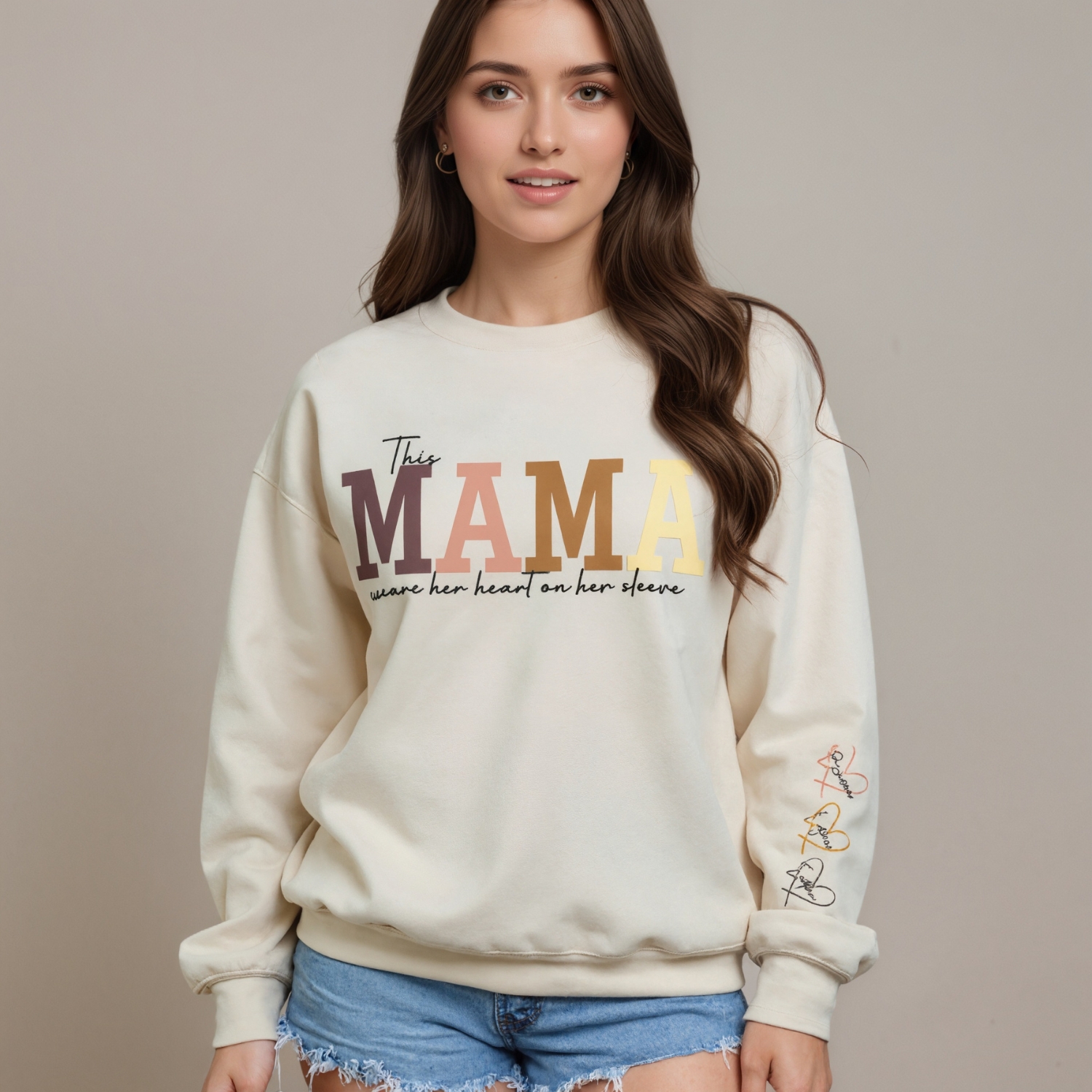 Personalized Mama Sweatshirt With Custom Kids Names On Sleeves
