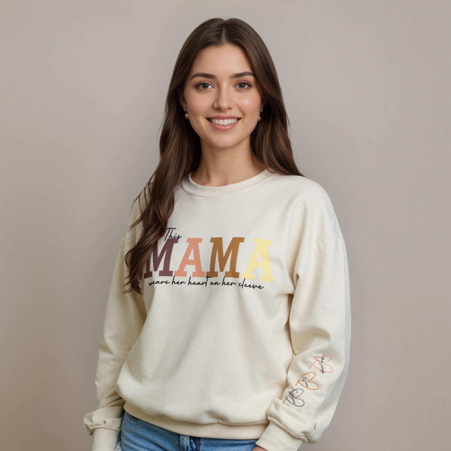 Personalized Mama Sweatshirt With Custom Kids Names On Sleeves