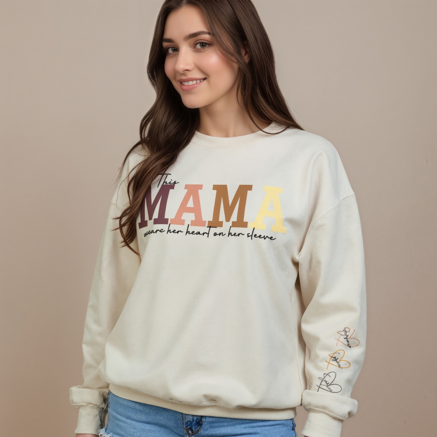 Personalized Mama Sweatshirt With Custom Kids Names On Sleeves