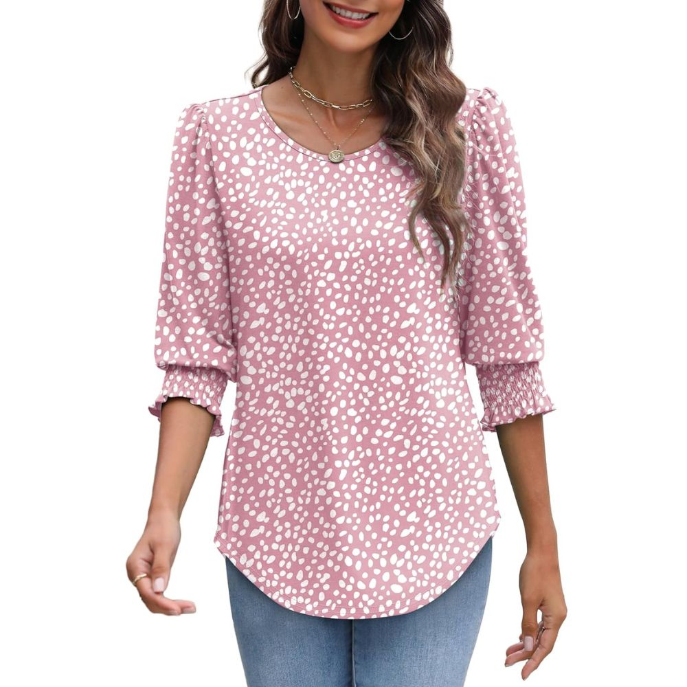 Dressy Casual 3/4 Length Sleeve Women's Tops with Smocked Cuffs