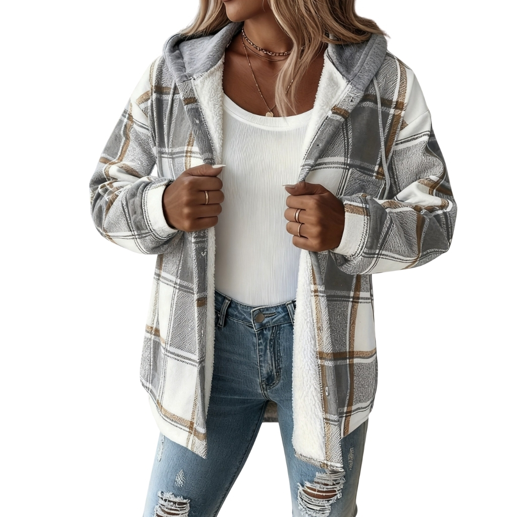 Plaid Hooded Button Front Jacket For Women