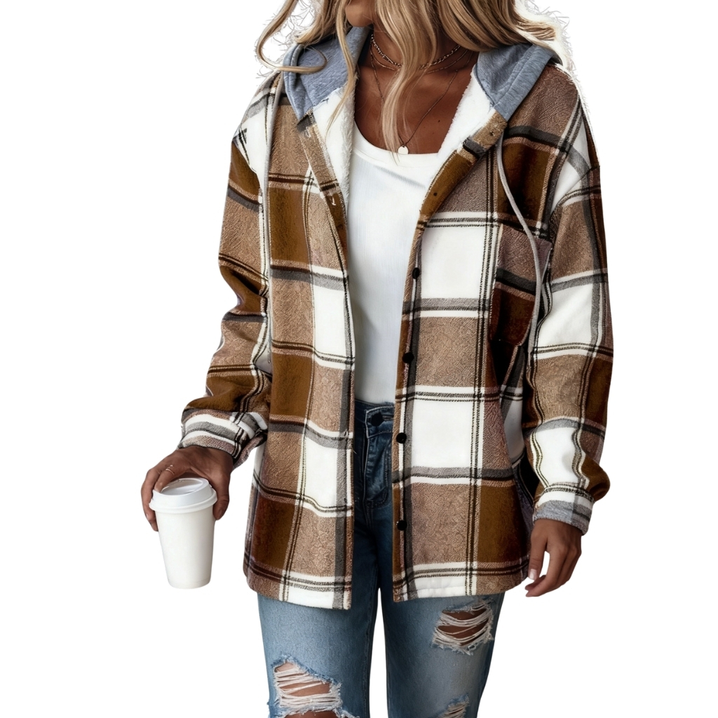 Plaid Hooded Button Front Jacket For Women