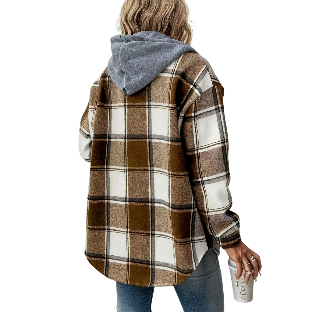 Plaid Hooded Button Front Jacket For Women