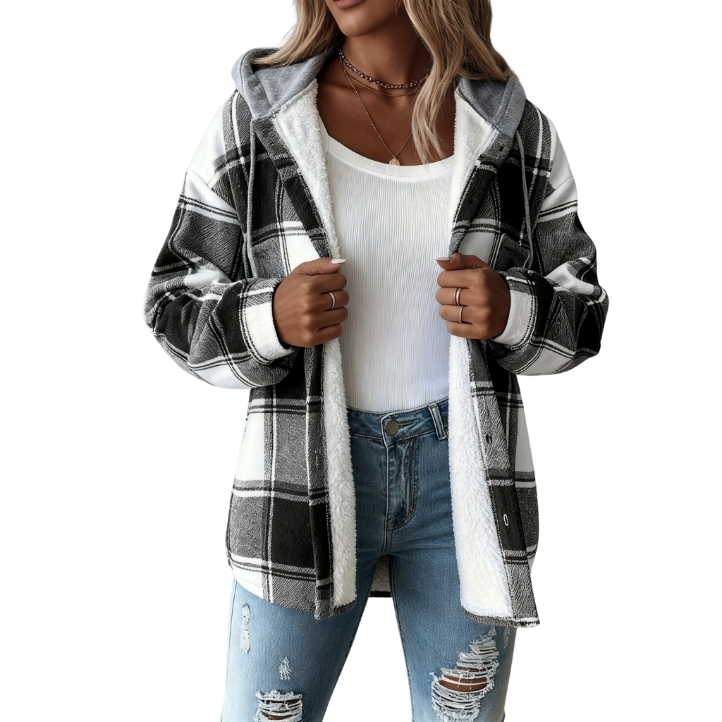 Plaid Hooded Button Front Jacket For Women