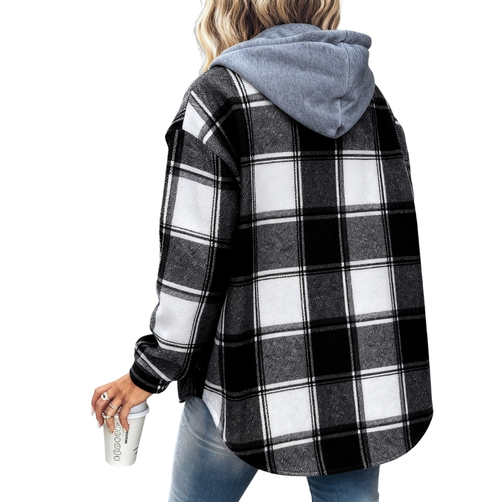 Plaid Hooded Button Front Jacket For Women