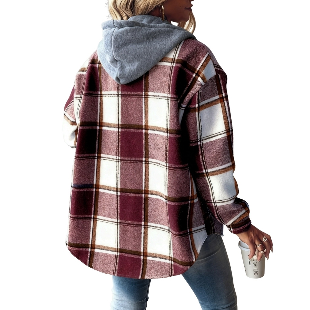 Plaid Hooded Button Front Jacket For Women