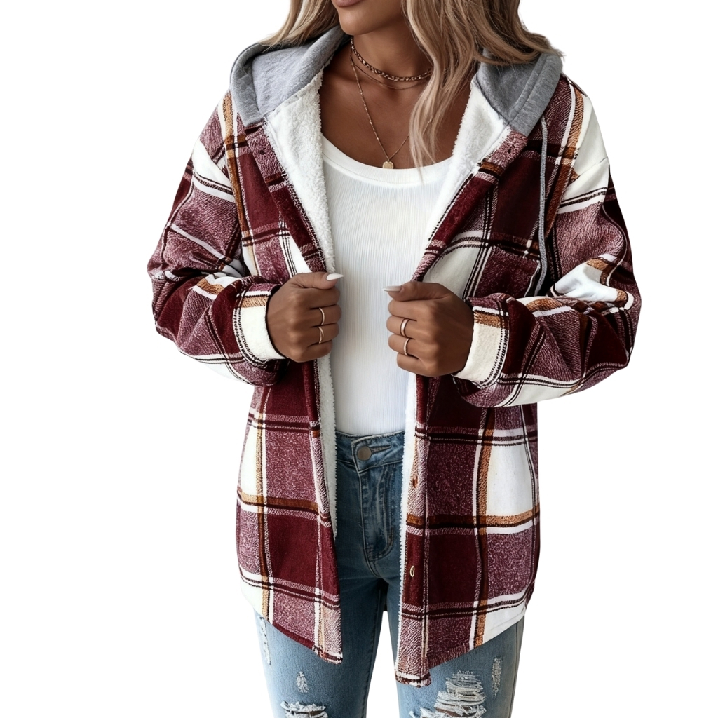 Plaid Hooded Button Front Jacket For Women