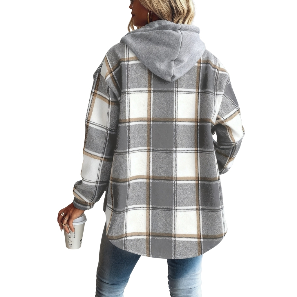 Plaid Hooded Button Front Jacket For Women
