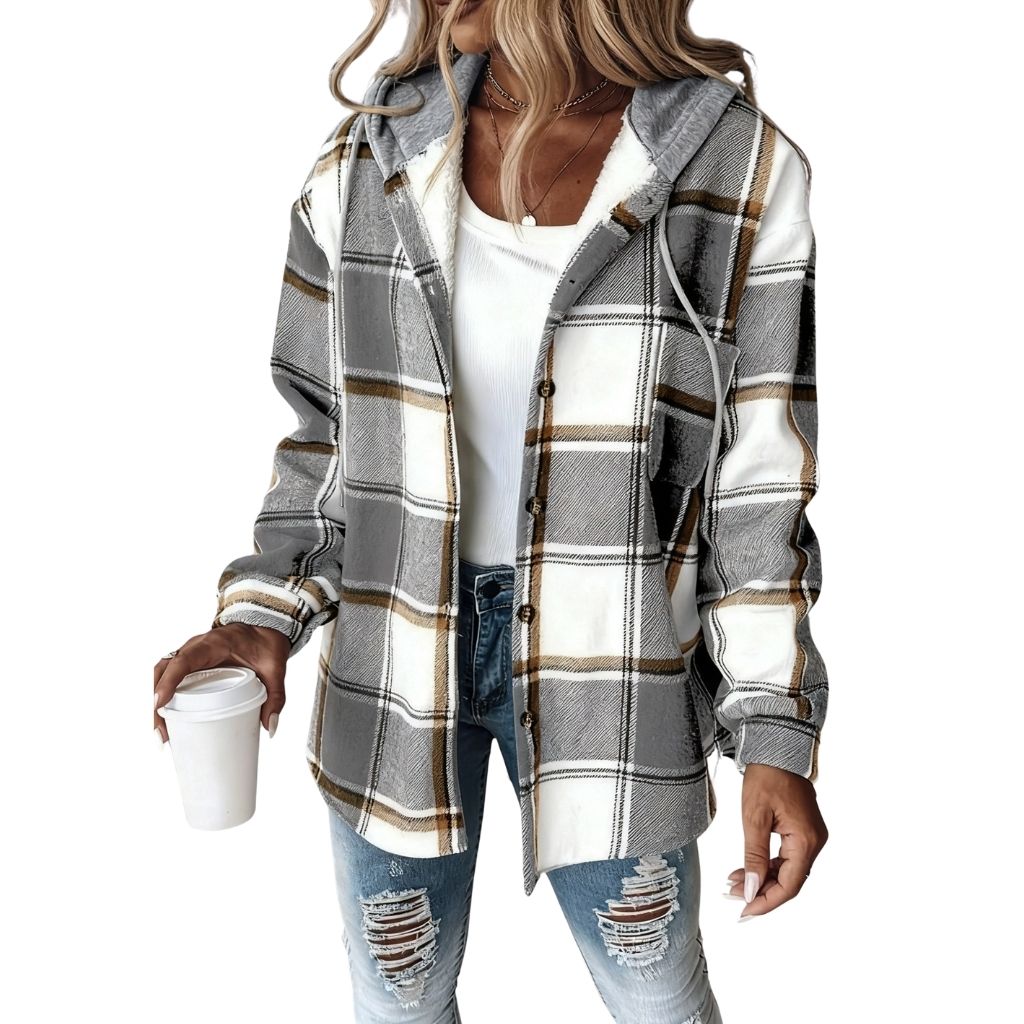 Plaid Hooded Button Front Jacket For Women