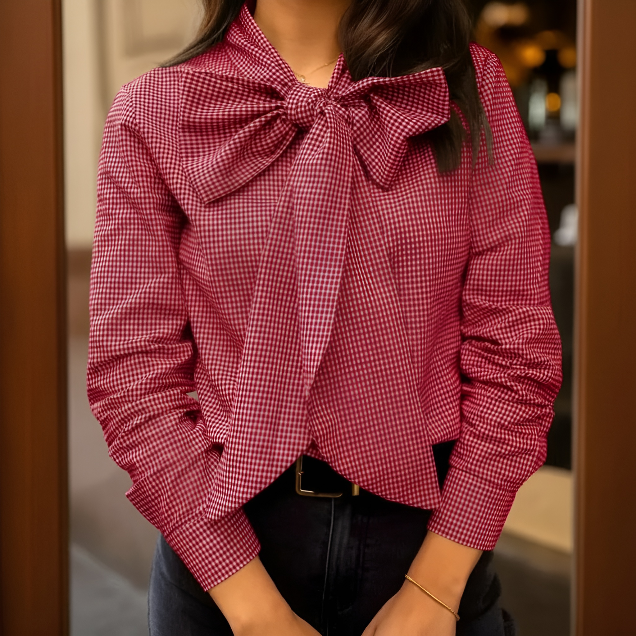 Plaid Long Sleeve Button Front Dressy Top For Women