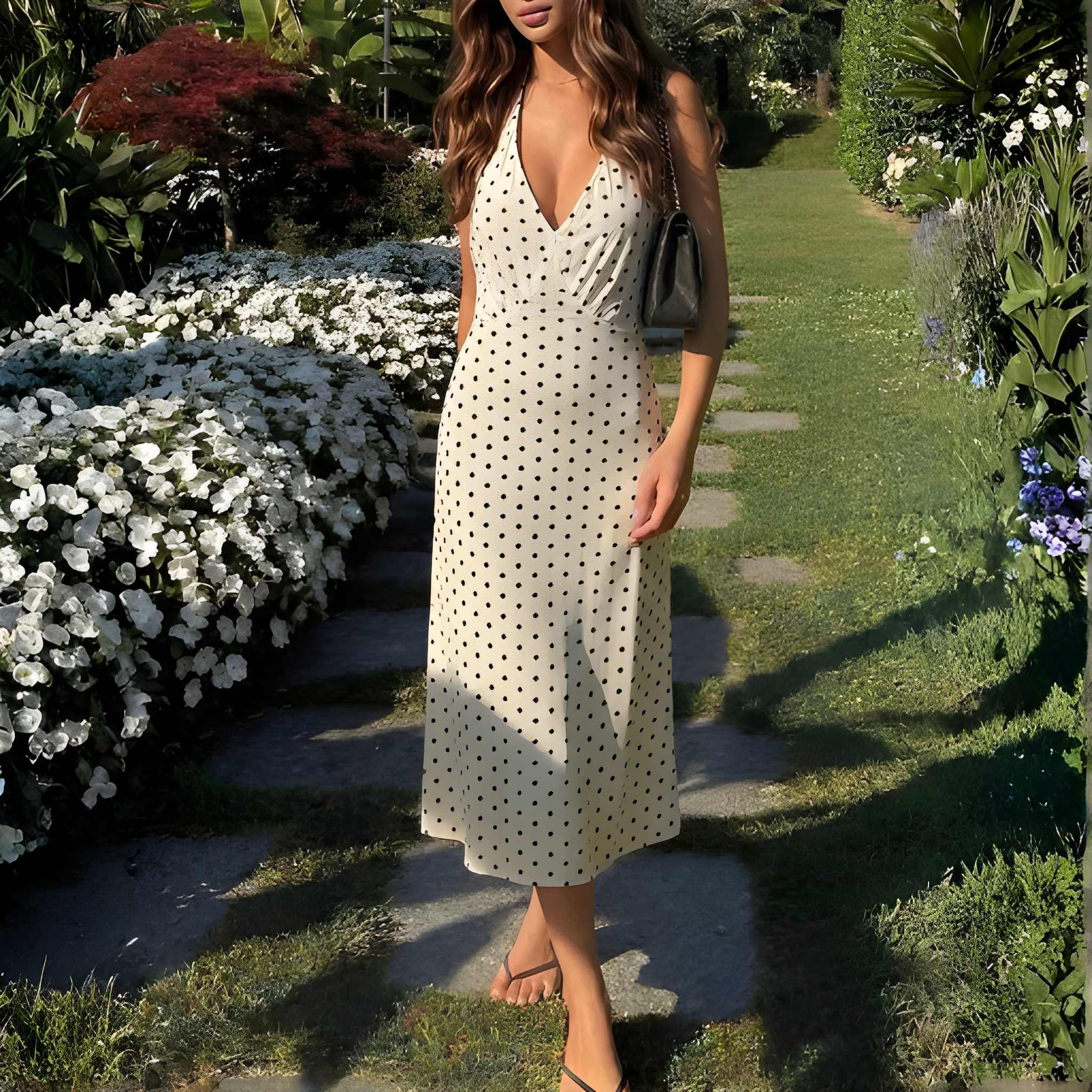 Polka Dot Print Halter Midi Dress With Lace Up Back Detail For Women